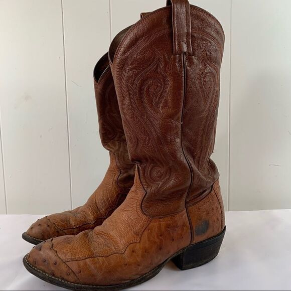 Tony Lama Brown Brandy Ostrich Cowboy Boots 9D - Picture 1 of 13